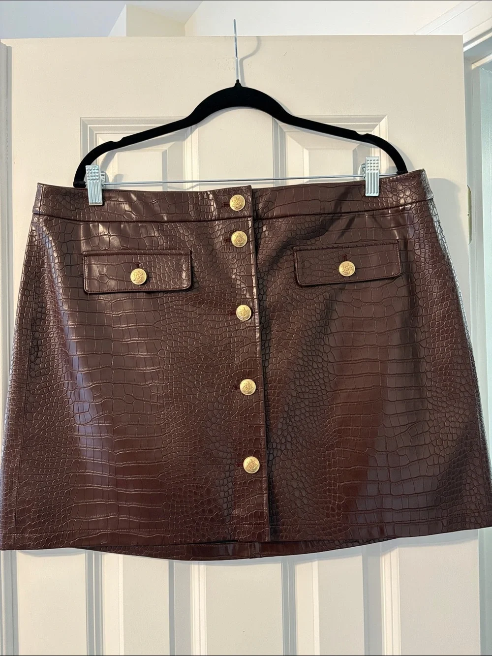 J. Crew Croc-Embossed Faux Leather Mini Skirt with Gold Buttons - Size 16